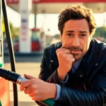 Automobiliste stressé devant une pompe à carburant avec un prix élevé affiché, flambée des prix depuis le conflit au Moyen-Orient