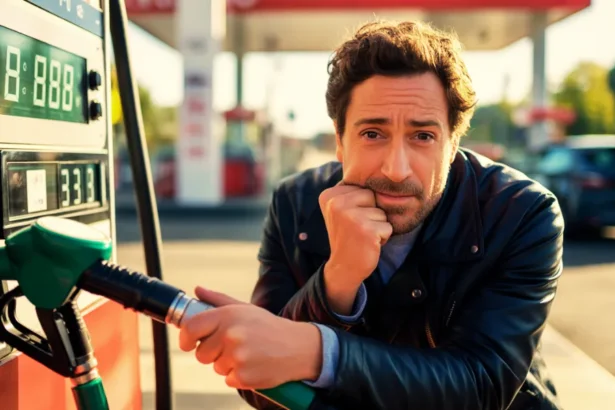 Automobiliste stressé devant une pompe à carburant avec un prix élevé affiché, flambée des prix depuis le conflit au Moyen-Orient