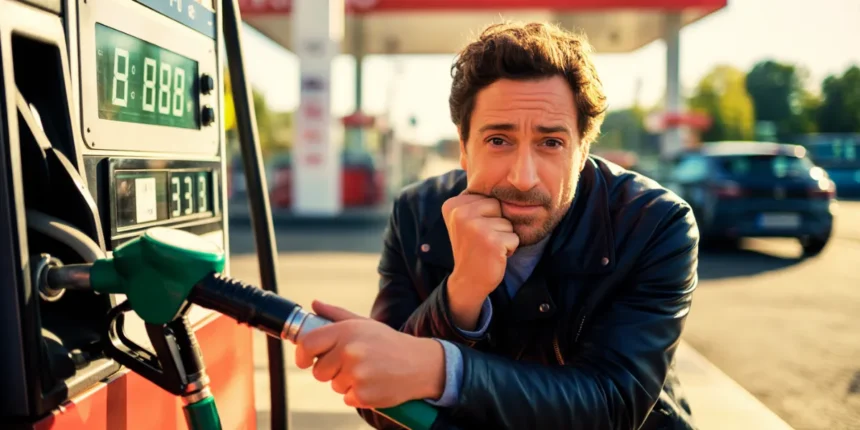 Automobiliste stressé devant une pompe à carburant avec un prix élevé affiché, flambée des prix depuis le conflit au Moyen-Orient