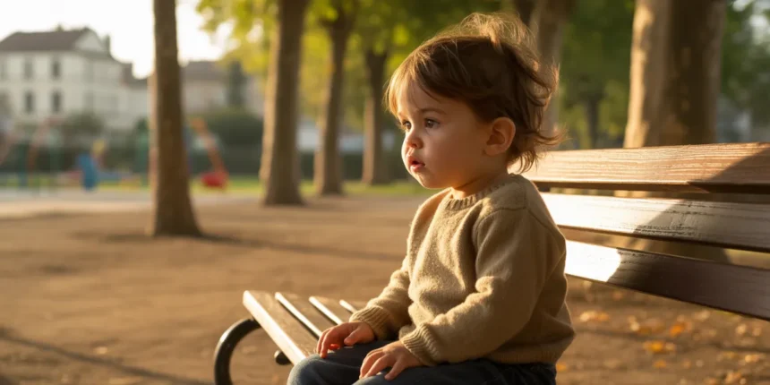Enfant assis seul sur un banc au coucher du soleil, illustrant le vide laissé par l'absence paternelle et ses répercussions à l'âge adulte