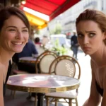 Deux femmes à une terrasse de café à Paris, l'une souriante sincèrement et l'autre affichant un sourire forcé trahissant une jalousie dissimulée