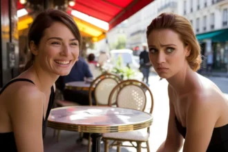 Deux femmes à une terrasse de café à Paris, l'une souriante sincèrement et l'autre affichant un sourire forcé trahissant une jalousie dissimulée