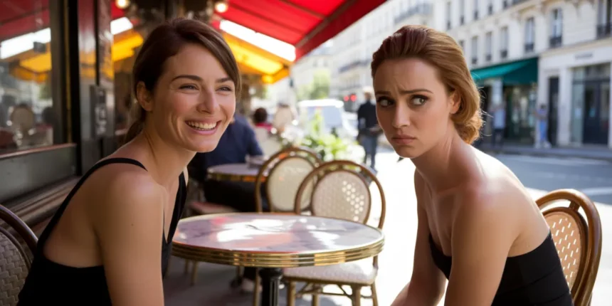 Deux femmes à une terrasse de café à Paris, l'une souriante sincèrement et l'autre affichant un sourire forcé trahissant une jalousie dissimulée