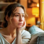 Femme pensive regardant dans le vide, illustrant les séquelles d'une enfance avec un parent narcissique sur les relations adultes