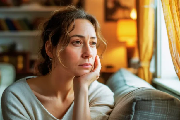 Femme pensive regardant dans le vide, illustrant les séquelles d'une enfance avec un parent narcissique sur les relations adultes