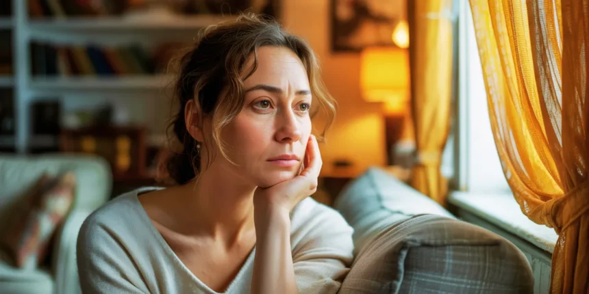 Femme pensive regardant dans le vide, illustrant les séquelles d'une enfance avec un parent narcissique sur les relations adultes