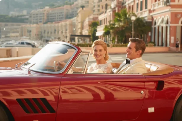 Charles Leclerc et Alexandra Saint-Mleux dans une Ferrari 250 Testa Rossa lors de leur mariage civil à Monaco le 28 février 2026