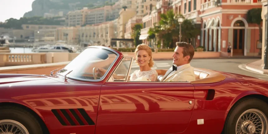 Charles Leclerc et Alexandra Saint-Mleux dans une Ferrari 250 Testa Rossa lors de leur mariage civil à Monaco le 28 février 2026