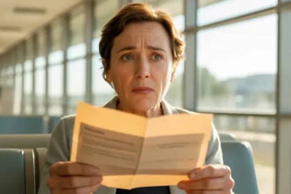 Patient tenant une facture d'hôpital dans une salle d'attente des urgences en France, illustrant la hausse des forfaits hospitaliers depuis le 1er mars 2026