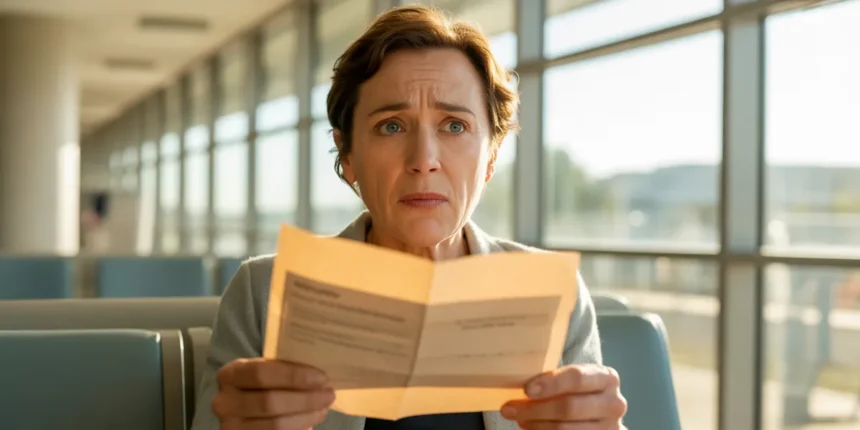 Patient tenant une facture d'hôpital dans une salle d'attente des urgences en France, illustrant la hausse des forfaits hospitaliers depuis le 1er mars 2026