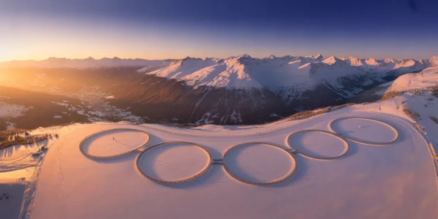 Vue aérienne d'une station de ski des Alpes françaises enneigée au lever du soleil, symbole de l'organisation des Jeux Olympiques d'hiver 2030 en France