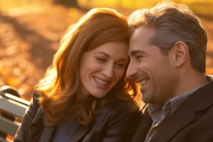 Couple heureux à l'extérieur illustrant la différence d'âge idéale dans un couple selon la science