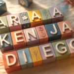 Cubes de lettres colorés épelant des prénoms de bébés, illustrant le prénom le plus donné dans le monde