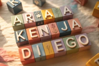 Cubes de lettres colorés épelant des prénoms de bébés, illustrant le prénom le plus donné dans le monde