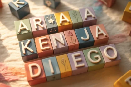 Cubes de lettres colorés épelant des prénoms de bébés, illustrant le prénom le plus donné dans le monde