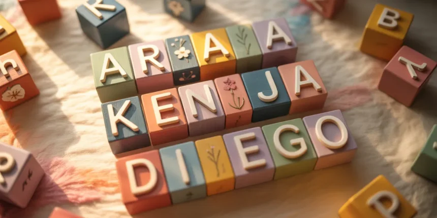 Cubes de lettres colorés épelant des prénoms de bébés, illustrant le prénom le plus donné dans le monde