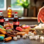 Aliments sucrés variés sur une table, illustrant les signes d'une consommation excessive de sucre
