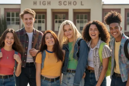 Groupe de lycéens américains en tenues colorées années 90, rappelant les personnages de la série culte Sauvés par le Gong diffusée sur Antenne 2