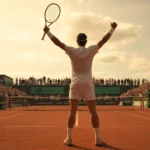 Silhouette d'un champion de tennis sur un court en terre battue à Roland-Garros, bras levés en signe de victoire sous une lumière dorée, en hommage à Rafael Nadal