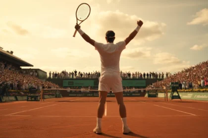 Silhouette d'un champion de tennis sur un court en terre battue à Roland-Garros, bras levés en signe de victoire sous une lumière dorée, en hommage à Rafael Nadal