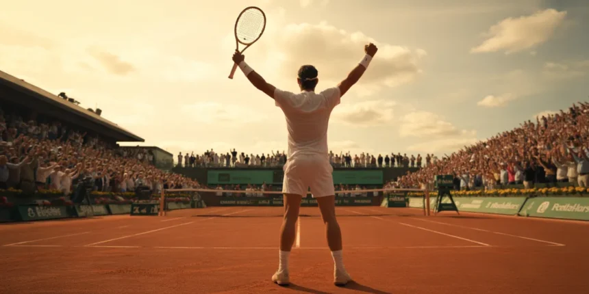 Silhouette d'un champion de tennis sur un court en terre battue à Roland-Garros, bras levés en signe de victoire sous une lumière dorée, en hommage à Rafael Nadal