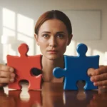 Personne pensive tenant deux objets différents symbolisant la flexibilité cognitive et la capacité à changer d'avis, signe d'intelligence