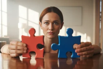 Personne pensive tenant deux objets différents symbolisant la flexibilité cognitive et la capacité à changer d'avis, signe d'intelligence