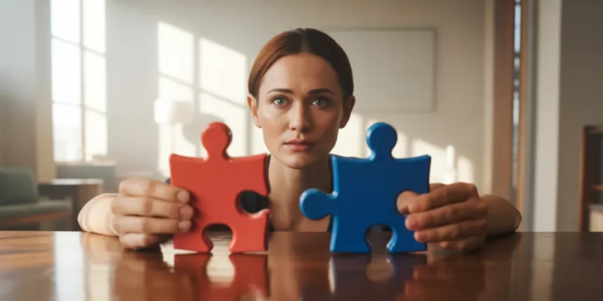 Personne pensive tenant deux objets différents symbolisant la flexibilité cognitive et la capacité à changer d'avis, signe d'intelligence