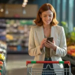 Femme faisant ses courses le mardi matin dans un supermarché français peu fréquenté, consultant sa liste sur smartphone, rayons de fruits et légumes en arrière-plan