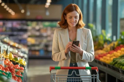 Femme faisant ses courses le mardi matin dans un supermarché français peu fréquenté, consultant sa liste sur smartphone, rayons de fruits et légumes en arrière-plan