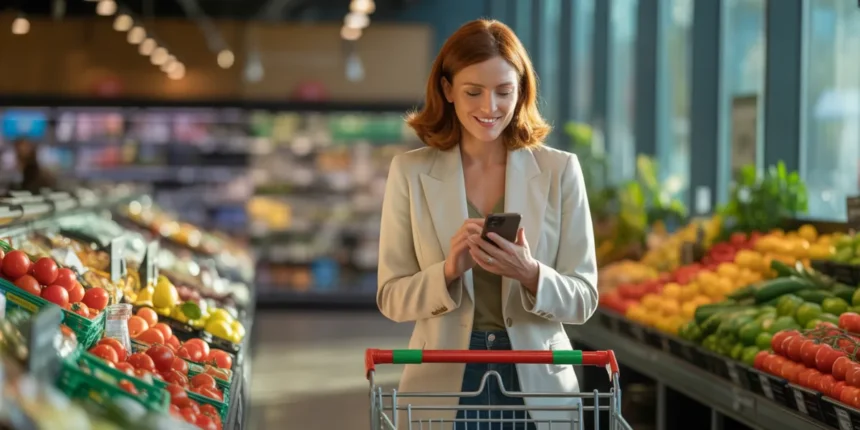 Femme faisant ses courses le mardi matin dans un supermarché français peu fréquenté, consultant sa liste sur smartphone, rayons de fruits et légumes en arrière-plan
